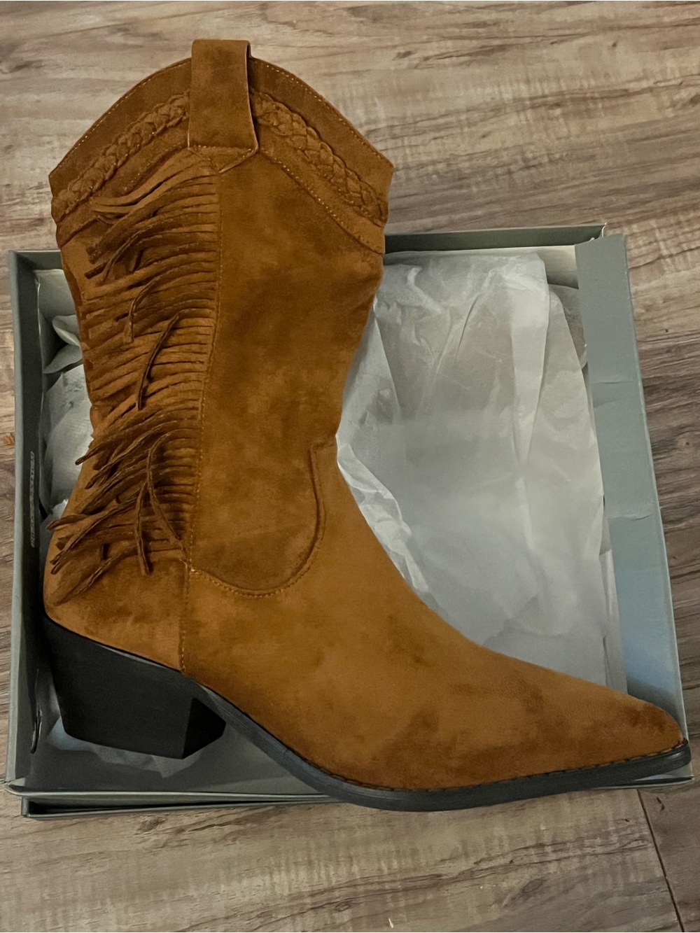 Fringe Western Mid-Calf Boot Brown Suede NWOT